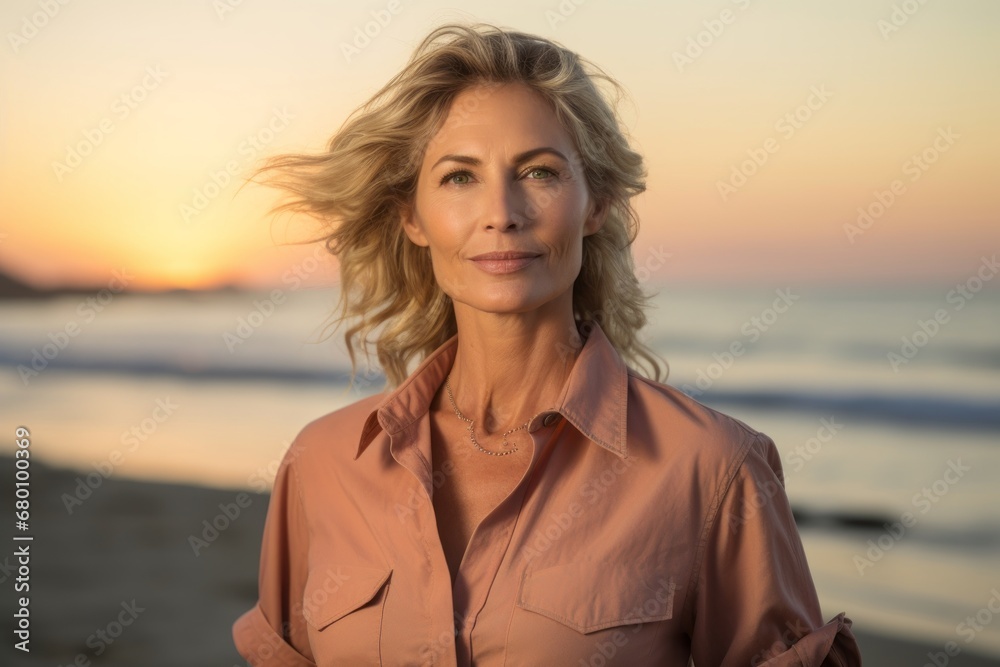 Portrait of a content woman in her 50s sporting a vented fishing shirt against a beautiful beach sunset. AI Generation Portrait of a content woman in her 50s sporting a vented fishing shirt against a beautiful beach sunset. AI Generation