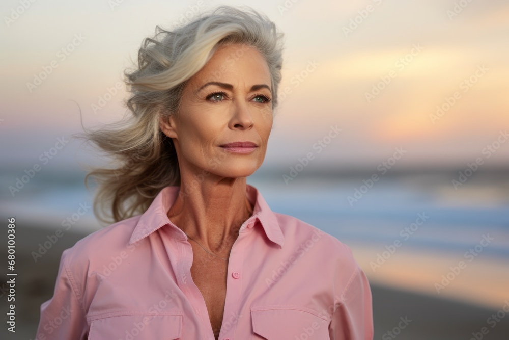 Portrait of a content woman in her 50s sporting a vented fishing shirt against a beautiful beach sunset. AI Generation Portrait of a content woman in her 50s sporting a vented fishing shirt against a beautiful beach sunset. AI Generation