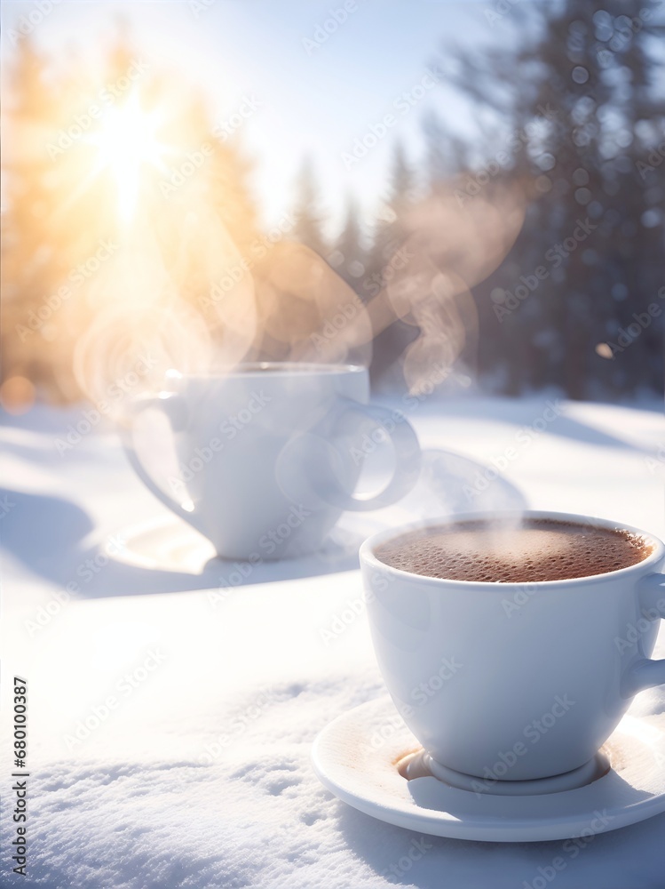 Cup of hot coffee on the snow. AI generated illustration