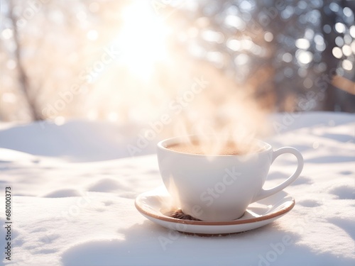 Cup of hot coffee on the snow. AI generated illustration