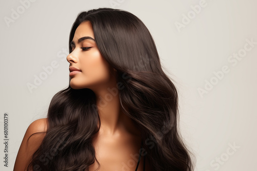 Profile portrait of beautiful brunette indian woman with long and shiny hair on the beige background