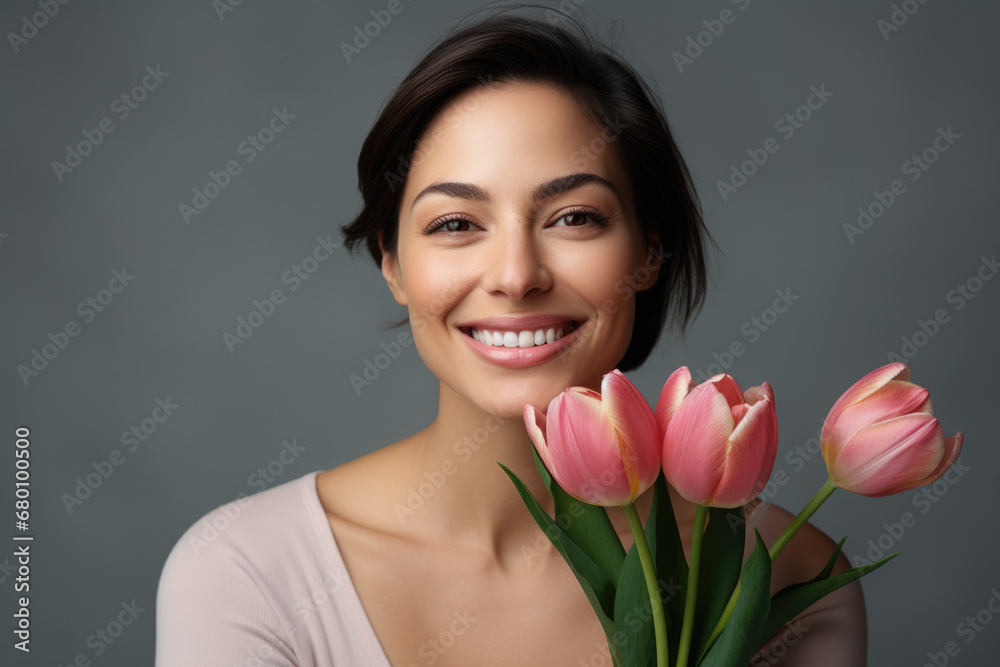 Closeup portrait of happy woman holding tulip flowers for 8 march international woman day Closeup portrait of happy woman holding tulip flowers for 8 march international woman day