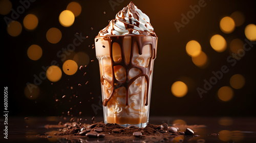 Chocolate dessert, cold milkshake splash on dark studio background. Explosion of flavor. White cream on the top. Dessert poster idea. Generative AI. photo
