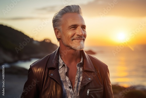 Portrait of a cheerful man in his 50s sporting a stylish leather blazer against a beautiful beach sunset. AI Generation