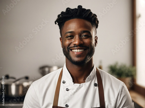 Portrait of a smiling black male chef isolated on solid white background. Generated by AI 