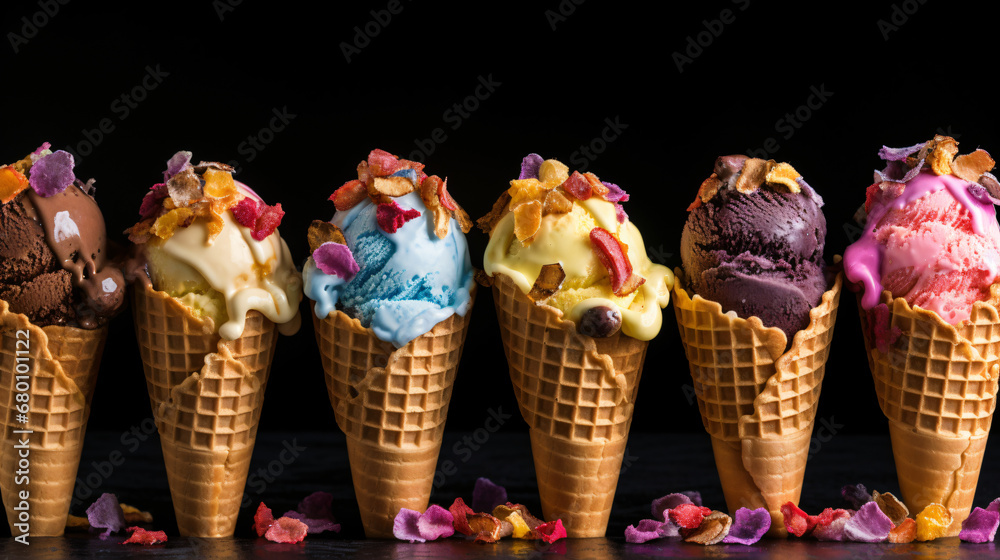 Waffle cones with ice cream