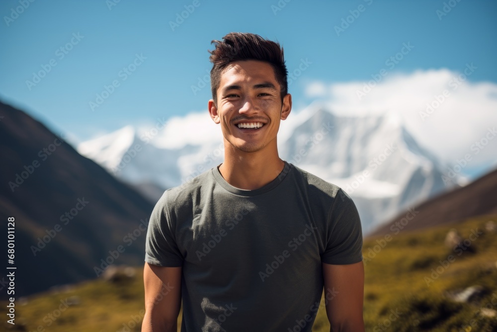 Portrait of a smiling man in his 20s donning a trendy cropped top against a backdrop of mountain peaks. AI Generation Portrait of a smiling man in his 20s donning a trendy cropped top against a backdrop of mountain peaks. AI Generation