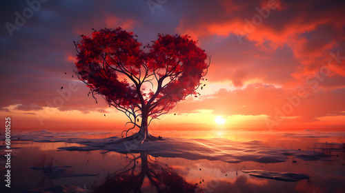 Red heart shaped tree at sunset, valentine's day template banner, seasonal wallpaper, generative ai