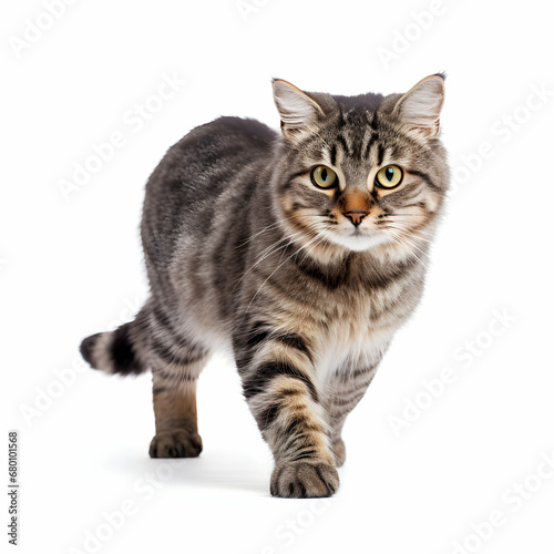 Domestic cat walking on white isolated background. He looks straight ahead. Generative ai.