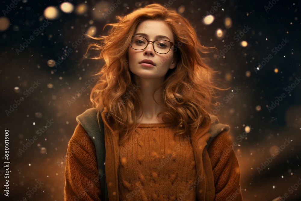 Portrait of a content woman in her 30s dressed in a warm wool sweater against a backdrop of starlit galaxies. AI Generation Portrait of a content woman in her 30s dressed in a warm wool sweater against a backdrop of starlit galaxies. AI Generation