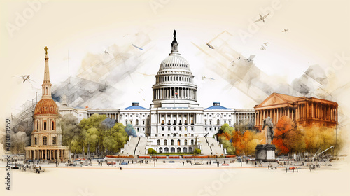 Drawing of Washington with landmark and popular for tourist attractions photo