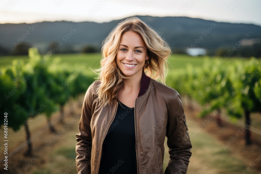 Portrait of a grinning woman in her 30s wearing a trendy bomber jacket against a backdrop of rolling vineyards. AI Generation