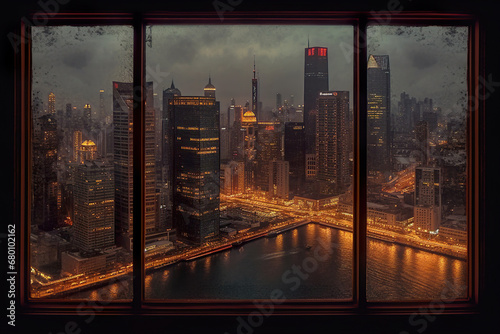 Broken window overlooking the city at night. Generative Ai © Shades3d