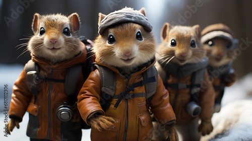 Three cute squirrels dressed in clothes at wintertime. Made with Generative AI. photo