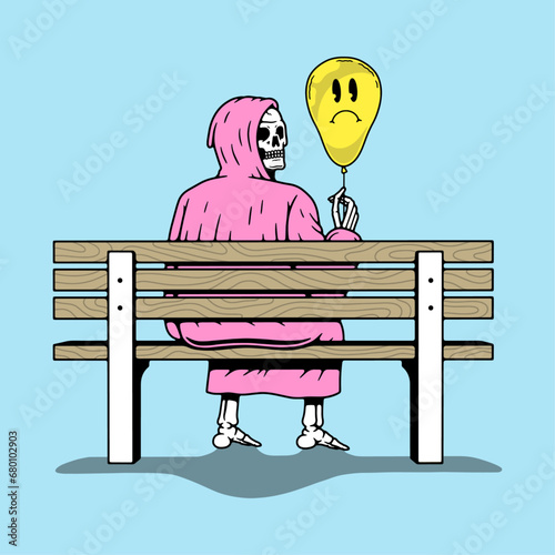LONELY GRIM REAPER HOLDING A BALLOON SITTING ON A BENCH COLOR BACKGROUND