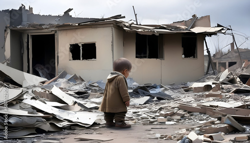 baby/child looking at his destroyed house
