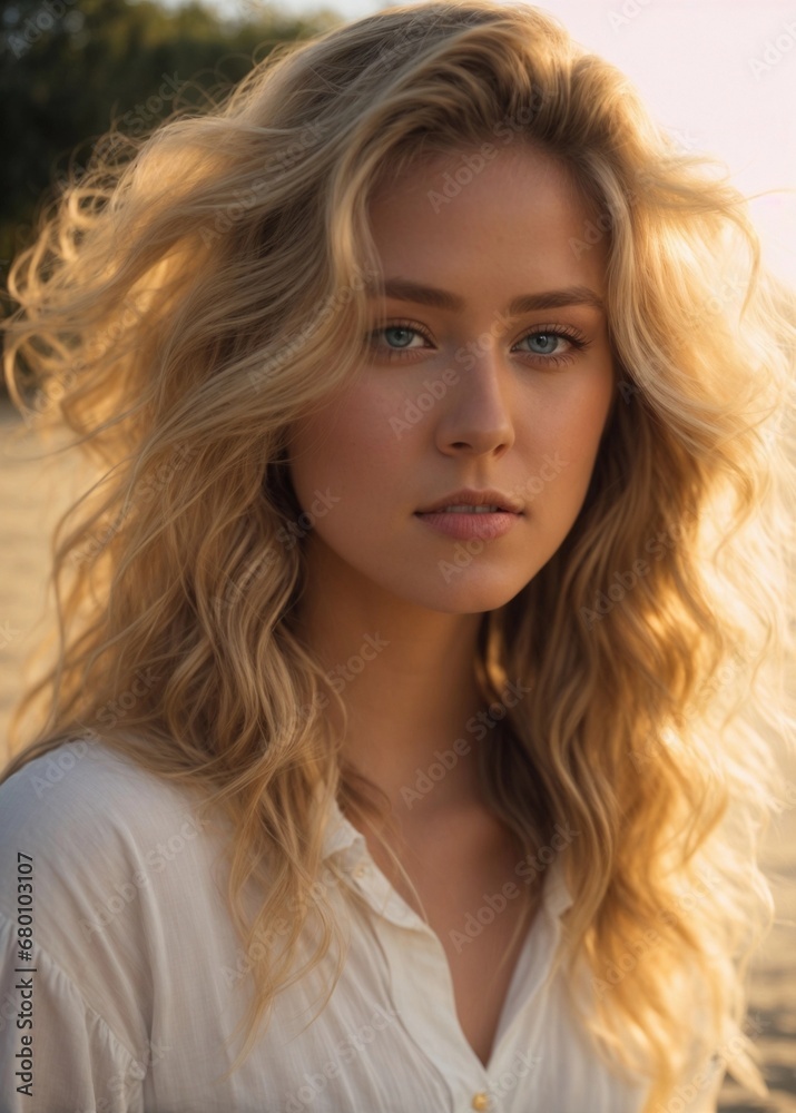 Beautiful photorealistic 25-year-old girl, blonde hair, blue eyes, white clothes, approachable expression, golden-hour sunlight, beach setting, high-resolution, 85mm lens, 8K, Generative AI