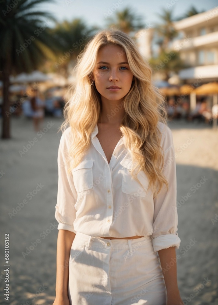 Beautiful photorealistic 25-year-old girl, blonde hair, blue eyes, white clothes, approachable expression, golden-hour sunlight, beach setting, high-resolution, 85mm lens, 8K, Generative AI