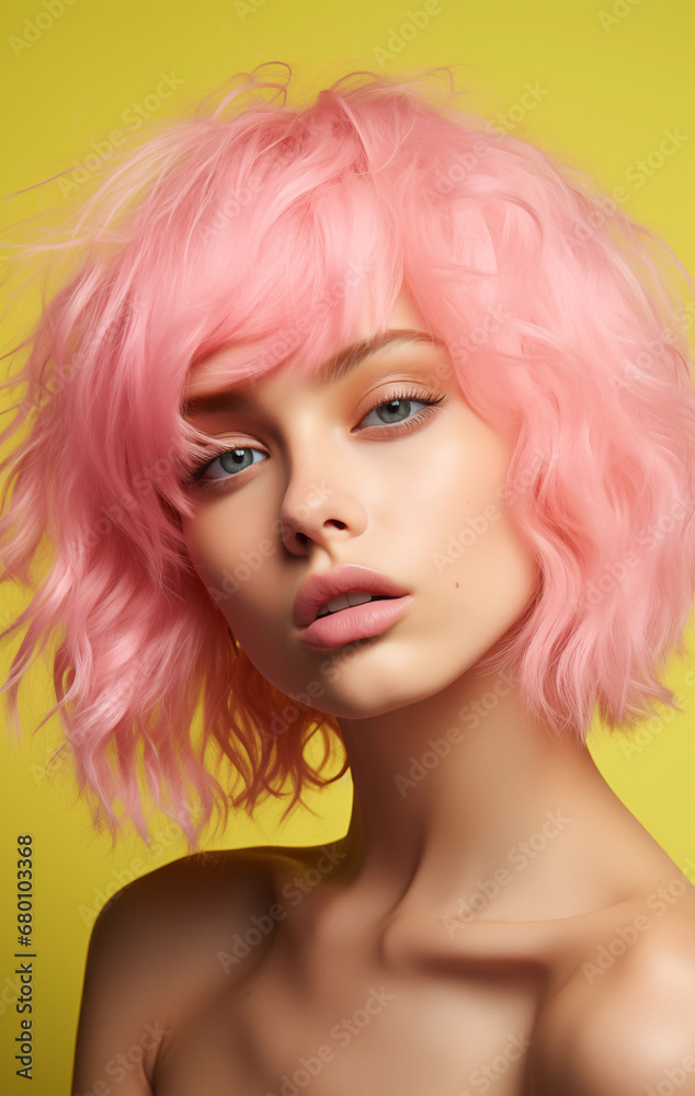 Close up portrait of beautiful young woman with pink hair on yellow background, ai generated