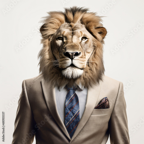 Front view of an lion animal in a suit.