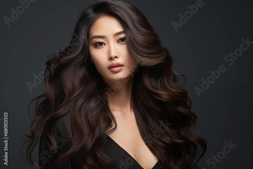 Beautiful asian woman with long and shiny wavy hair looking at the camera on the black background