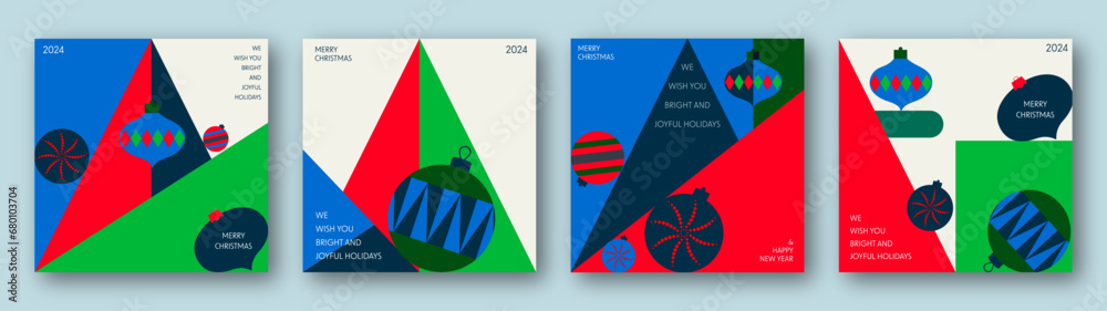 Set of Merry Christmas and Happy New Year banner, greeting card, poster, holiday cover. Modern Xmas design with geometric christmas trees and balls. Illustration concept for banner, cover, media. - obrazy, fototapety, plakaty 