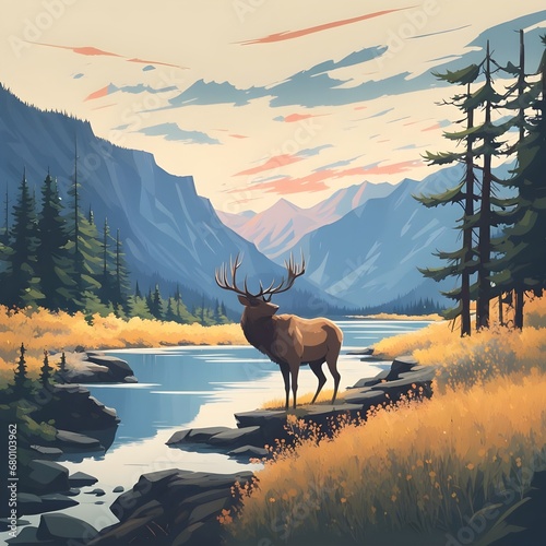 Vintage oil painting art work of mountain valley stream and elk during sunset ai generated