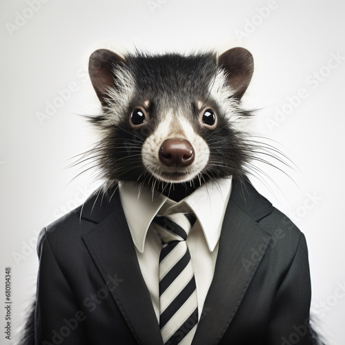 Front view of a skunk animal in a suit