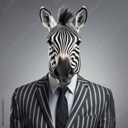 Front view of a zebra animal in a suit