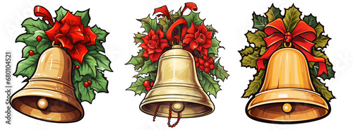 Whimsical festive Jingle Bells and Decorations Collection. Ideal for Christmas Card Designs and Seasonal Graphics and posters. Bells, ribbons, flowers, and decors on a transparent background