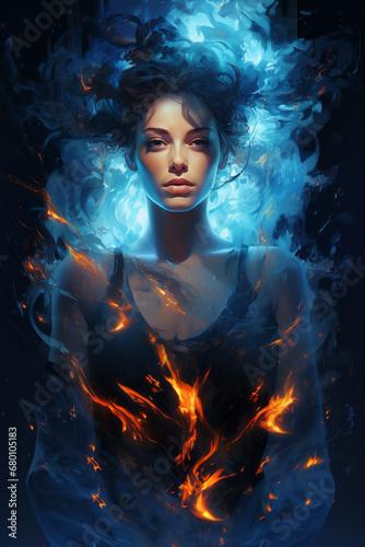 Blue holy lady surrounded with flames, realistic portrait painter style, aggressive digital illustration, contrasting light, shadow.