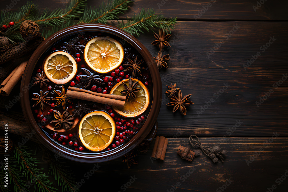 Christmas mulled wine. Top view of rustic pot with christmas red mulled wine and spices and christmas decor.	