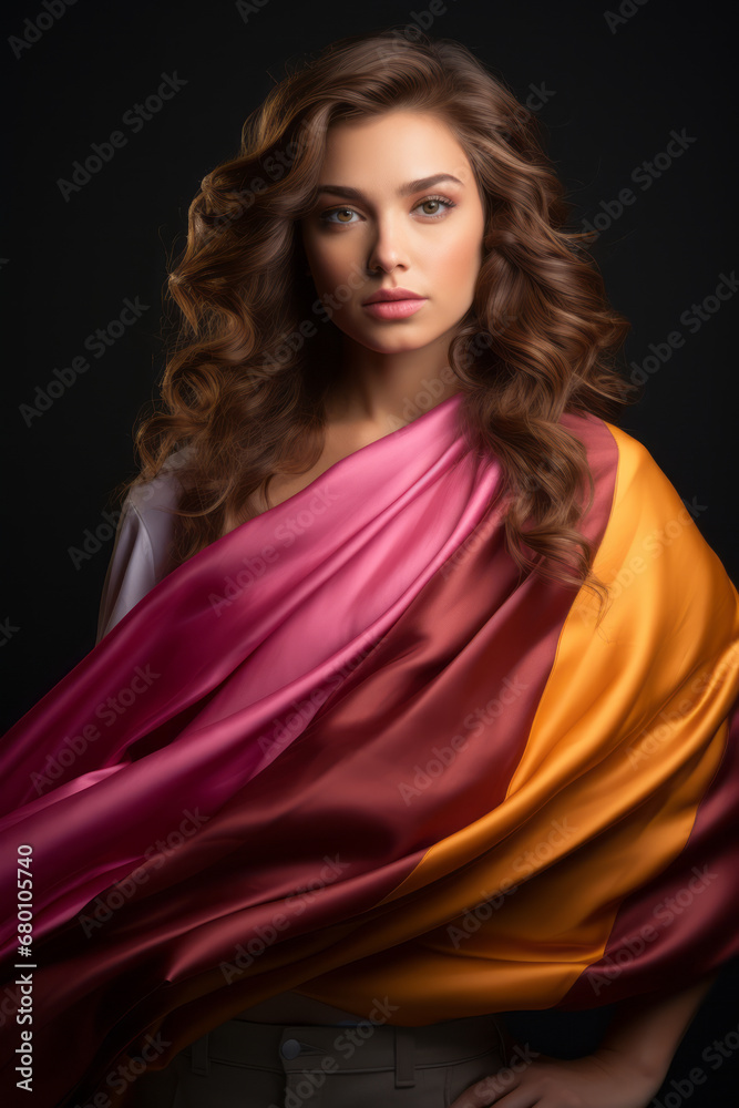 A young woman proudly holds a rainbow flag, showcasing dynamic compositions with flowing fabrics, in dark pink and amber hues. A young woman proudly holds a rainbow flag, showcasing dynamic compositions with flowing fabrics, in dark pink and amber hues.
