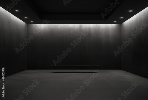 Black dark empty room with spotlights, hyperrealistic paintings style, grey academia, large-scale minimalist, ceramic, minimalistic simplicity.