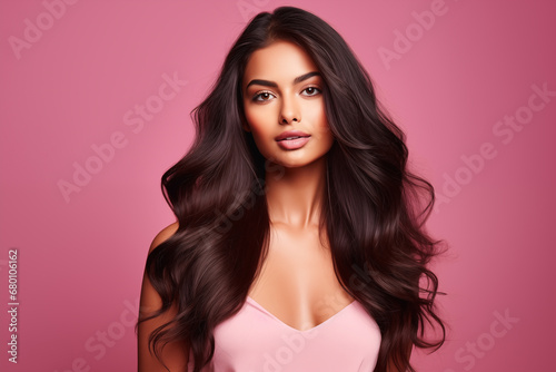Portrait of beautiful brunette Indian woman with long and shiny wavy hair on the pink background