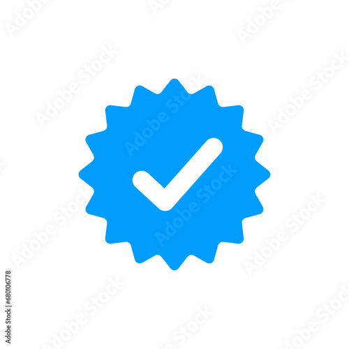 Blue check mark tick verification icon symbol. Confirm checkmark label approval quality product verification blue tick. photo