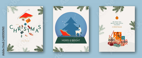 Set of Merry Christmas and Happy New Year greeting card  poster  holiday cover. Elegant Xmas design with gifts  snow globe and reindeer. Illustration concept for  invitation  banner  social media.