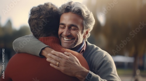 The elderly father and middle-aged son embracing each other warmly, reflecting the happiness of the family and the strong bond between father and son.