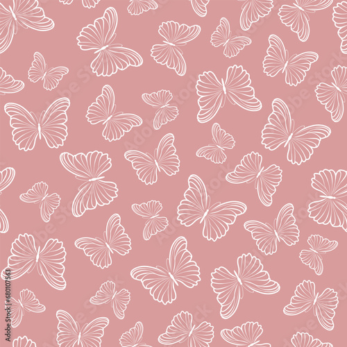 Butterfly seamless repeat pattern design on pink. Cute butterfly vector wallpaper.