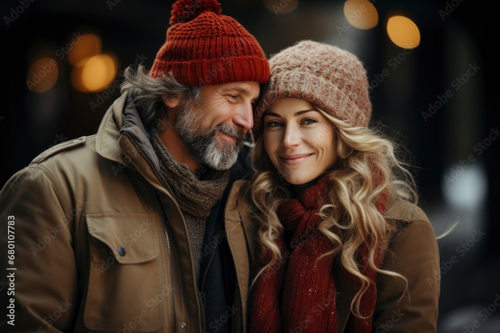 On a lively street corner, a couple embraces in a world of their own, sporting soft sweaters and knit hats. On a lively street corner, a couple embraces in a world of their own, sporting soft sweaters and knit hats.