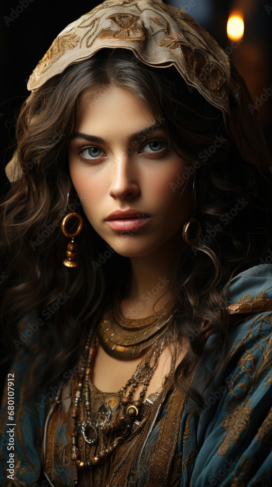In her ancient attire, the woman’s beauty is a classic portrait; a vertical vision fit for an epic book cover.