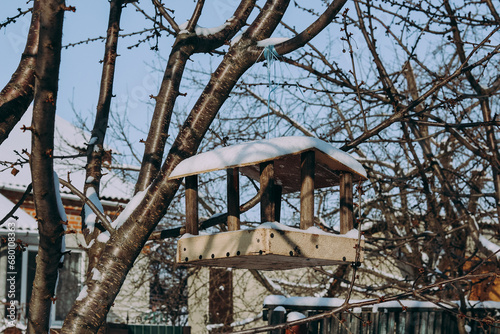 Birdhouse made by hand on a tree in winter © Kateryna