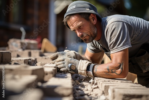  construction worker laying bricks photo