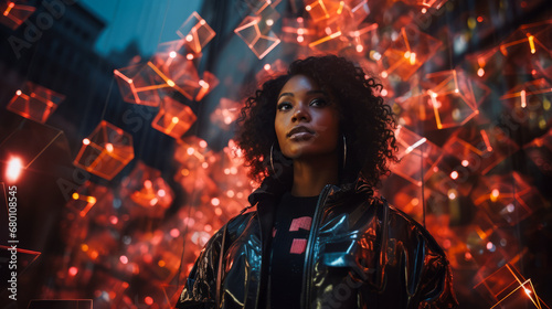 Young black woman in neon geometric landscape, semi-transparent.