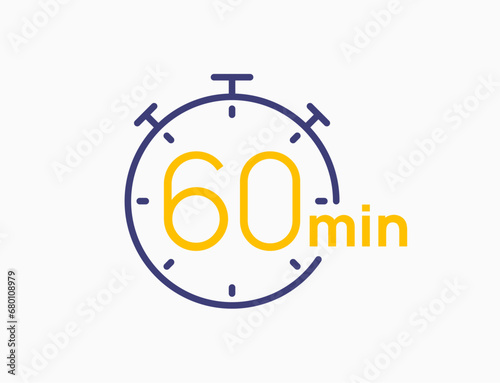 Timer 60 minutes line icon clock. Countdown stopwatch vector digital sport time. Chronometer 60 minute timer.
