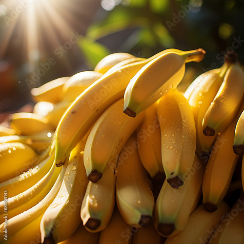 Close-up de bananas em um ramo de árvore, com a luz solar delicadamente refletindo sobre elas. photo