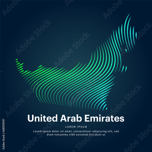 simple logo map of United Arab Emirates Illustration in a linear style. Abstract line art United Arab Emirates map Logotype concept icon. Vector logo UAE color silhouette on a dark background. EPS 10