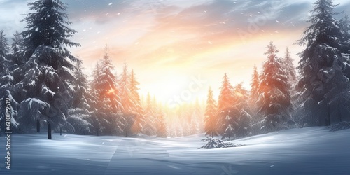 Winter wonderland. Breathtaking snowy landscape with majestic trees blue sky and christmas magic. Celebrate season. Scene of snow covered forest pine tree and warm glow of sunrise