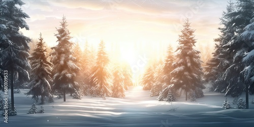 Winter wonderland. Breathtaking snowy landscape with majestic trees blue sky and christmas magic. Celebrate season. Scene of snow covered forest pine tree and warm glow of sunrise