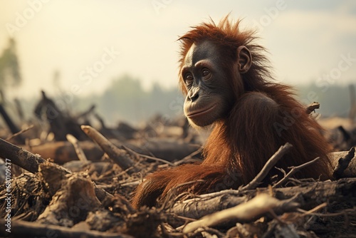 Photograph of a dark-colored monkey in woods, Generative Ai